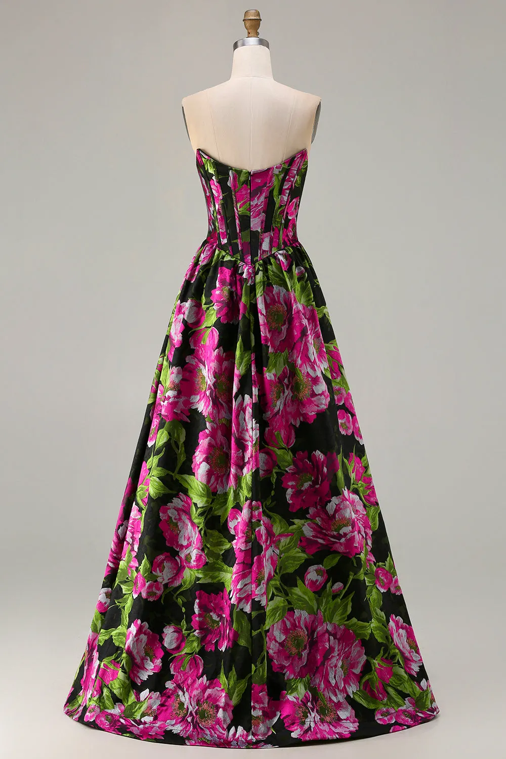 Black Strapless A-Line Corset Print Fuchsia Floral Long Prom Dress sold by Wedtrend product image thumbnail 2