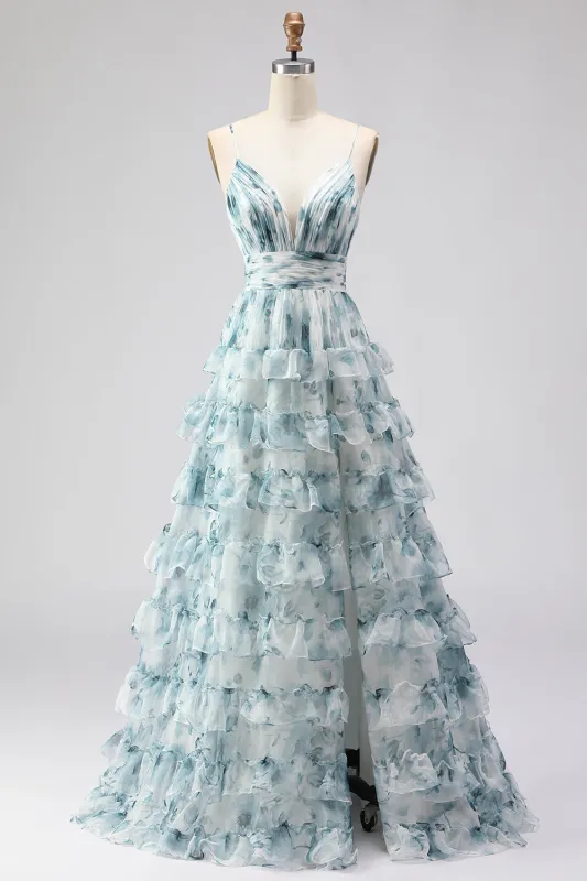 Blue A Line Tiered Ruffle Lace Up Back Print Floral Long Prom Dress with Slit made by Wedtrend