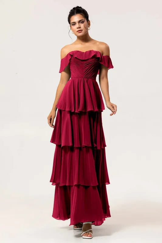 Burgundy A-Line Off The Shoulder Tiered Chiffon Ruffle Long Bridesmaid Dress made by Wedtrend