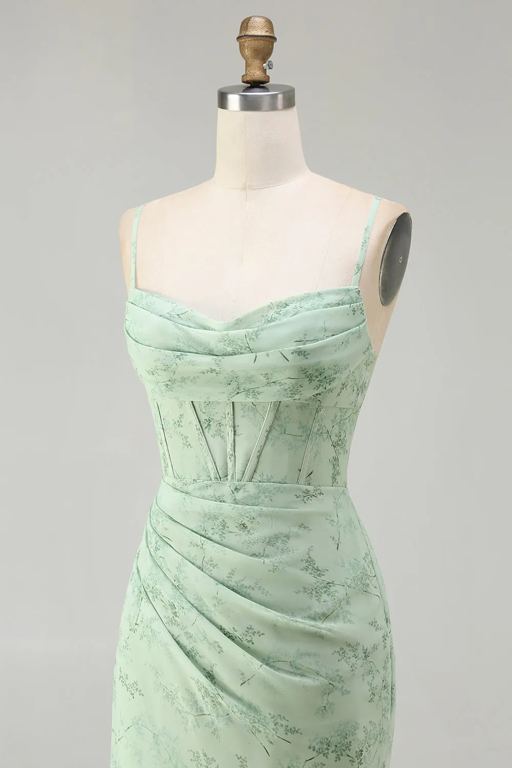 Green Sheath Corset Print Floral Long Bridesmaid Dress with Lace Up Back sold by Wedtrend product image thumbnail 5