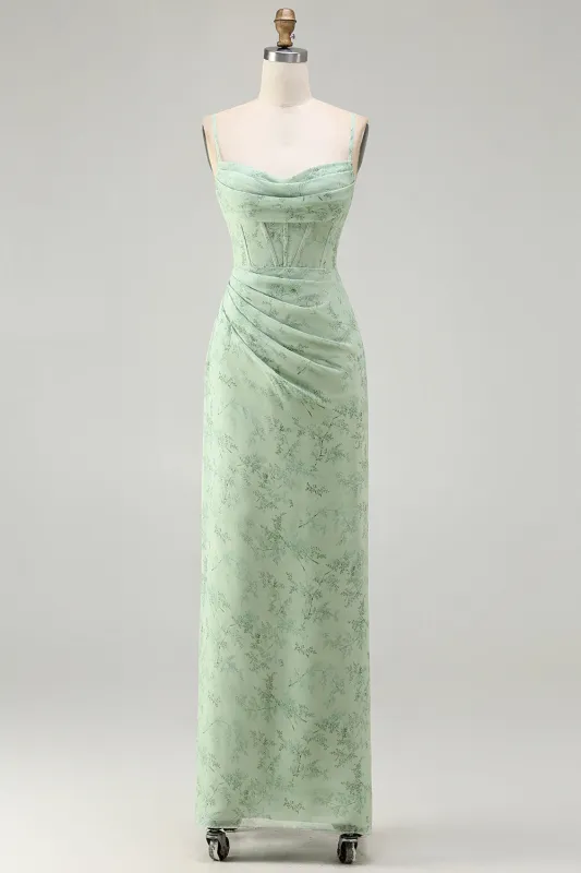 Green Sheath Corset Print Floral Long Bridesmaid Dress with Lace Up Back made by Wedtrend