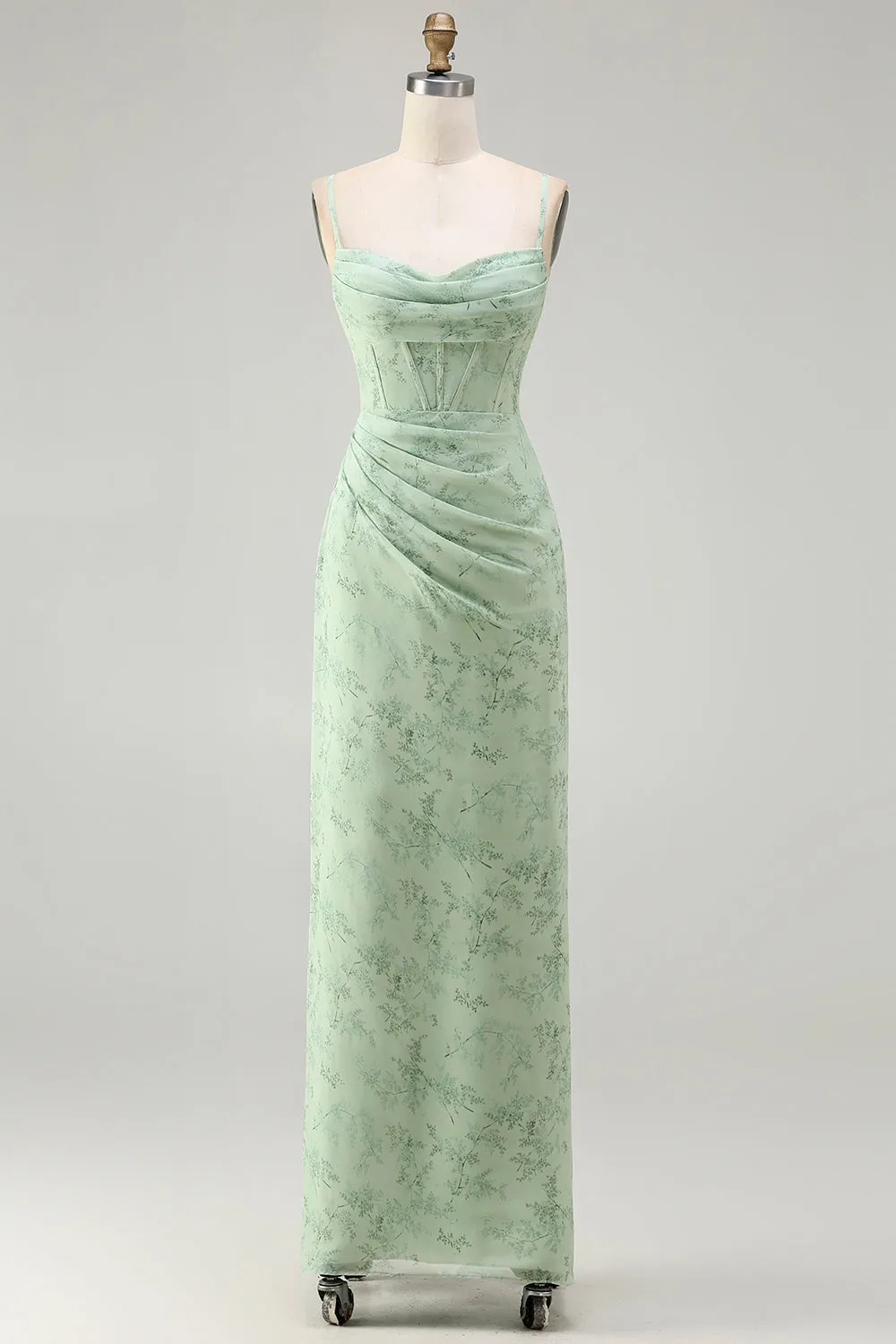 Green Sheath Corset Print Floral Long Bridesmaid Dress with Lace Up Back sold by Wedtrend