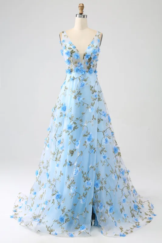 Sky Blue A-Line V-Neck 3D Flowers Open Back Print Long Prom Dress with Slit sold by Wedtrend