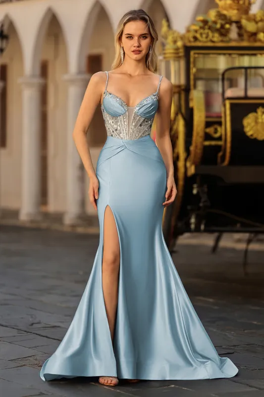 Dusty Blue Mermaid Corset Beaded Lace Up Back Long Prom Dress with Slit made by Wedtrend