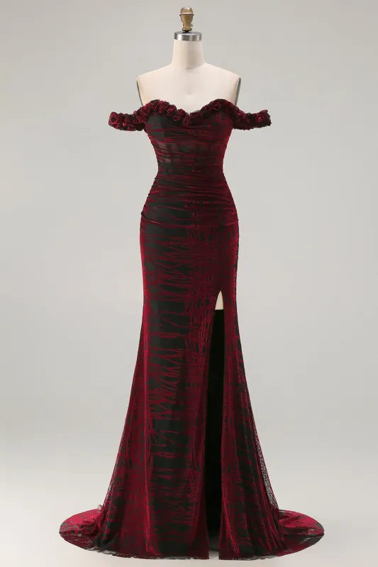 Black Red Off The Shoulder Mermaid Long Velvet Dress with Slit made by Wedtrend