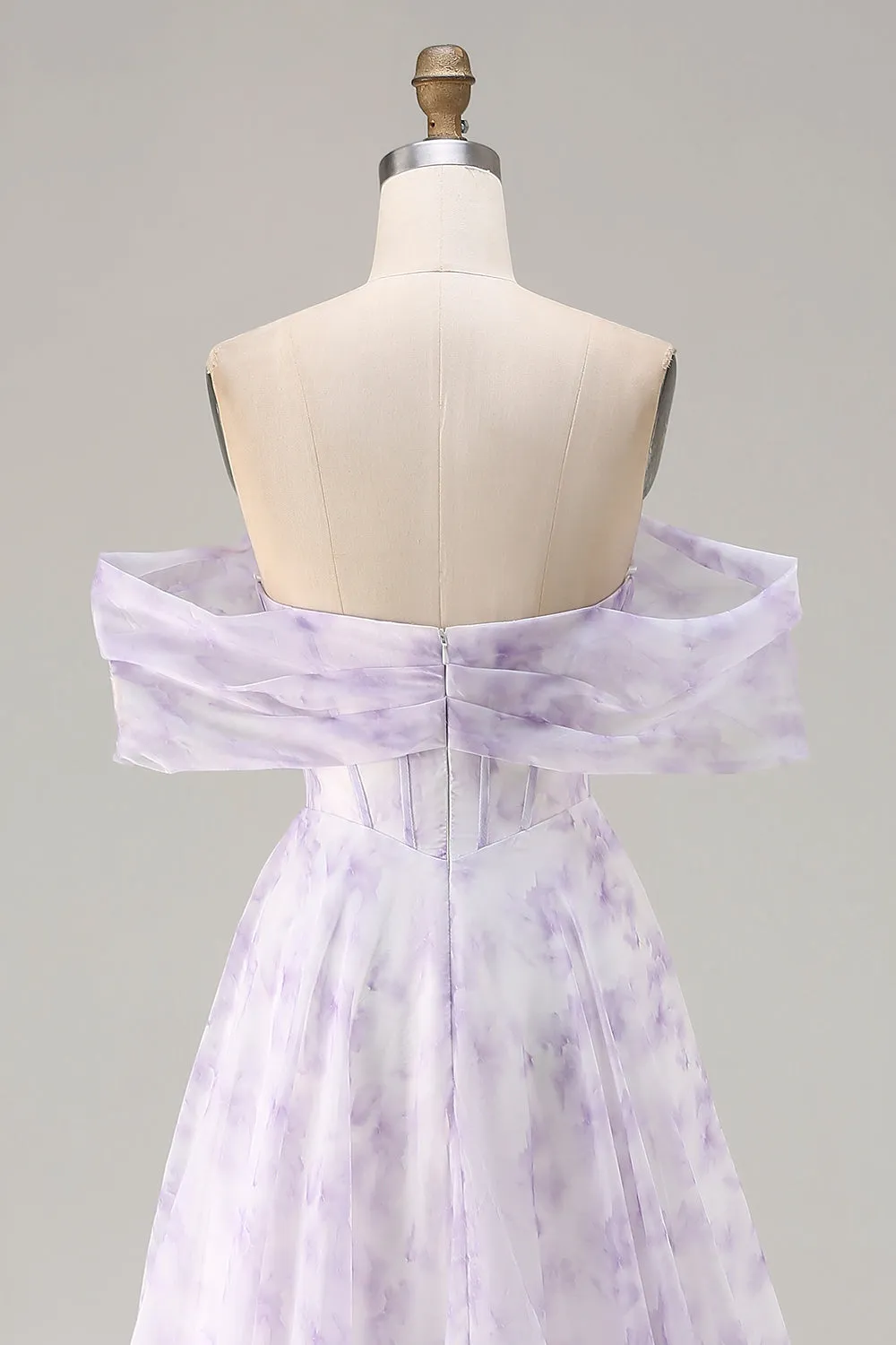 Lilac Off The Shoulder A-Line Corset Print Floral Long Prom Dress with Slit sold by Wedtrend product image thumbnail 5
