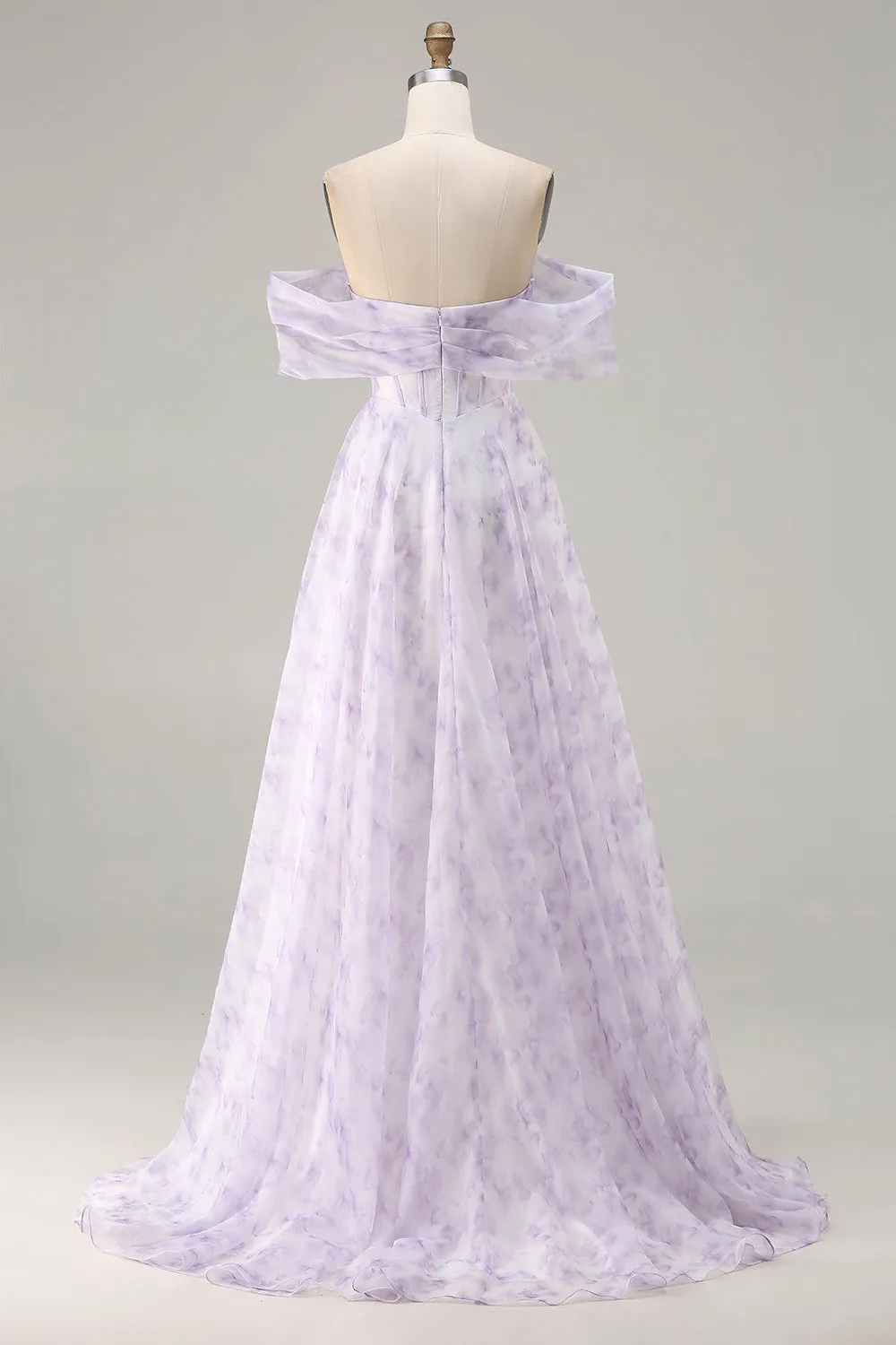 Lilac Off The Shoulder A-Line Corset Print Floral Long Prom Dress with Slit sold by Wedtrend product image thumbnail 2