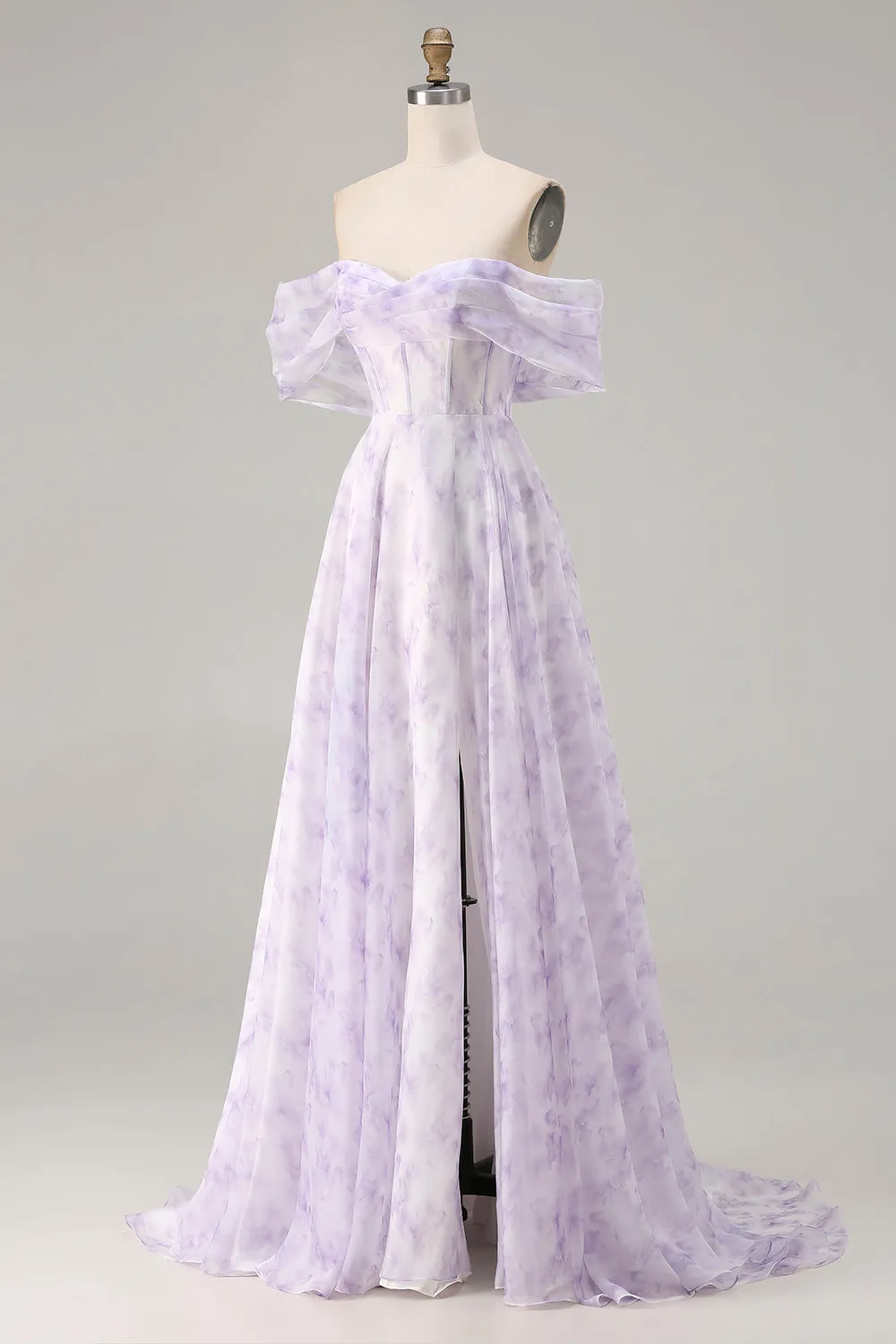 Lilac Off The Shoulder A-Line Corset Print Floral Long Prom Dress with Slit sold by Wedtrend product image thumbnail 3