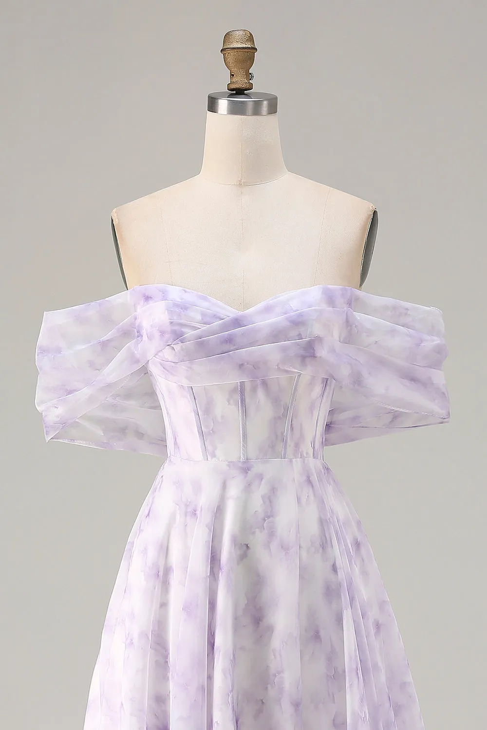 Lilac Off The Shoulder A-Line Corset Print Floral Long Prom Dress with Slit sold by Wedtrend product image thumbnail 4