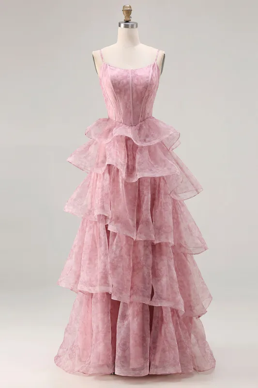 Dusty Rose A Line Corset Tiered Ruffle Long Prom Dress with Lace Up Back made by Wedtrend