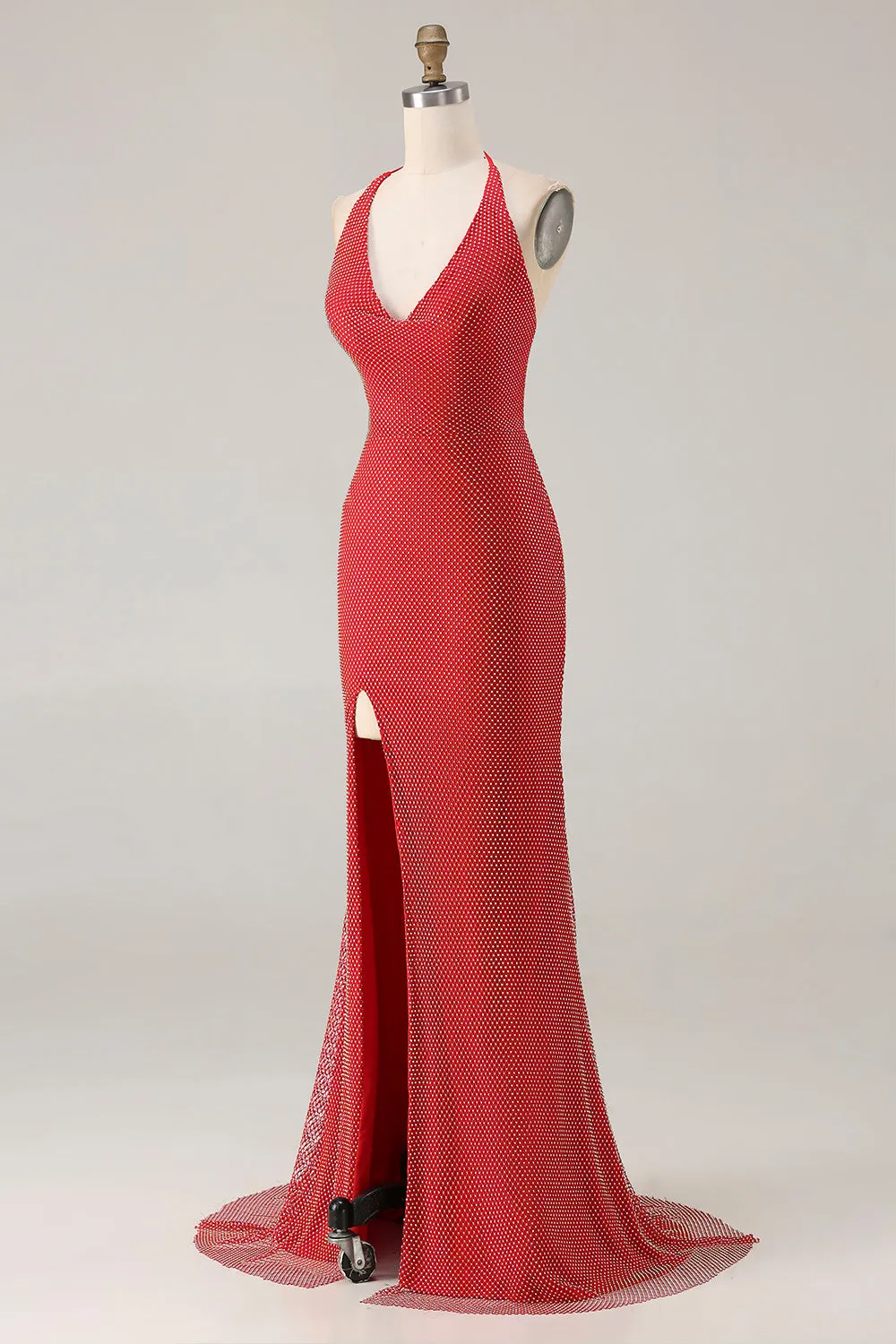 Red Halter Mermaid Beaded Lace Up Back Long Prom Dress with Slit sold by Wedtrend product image thumbnail 5