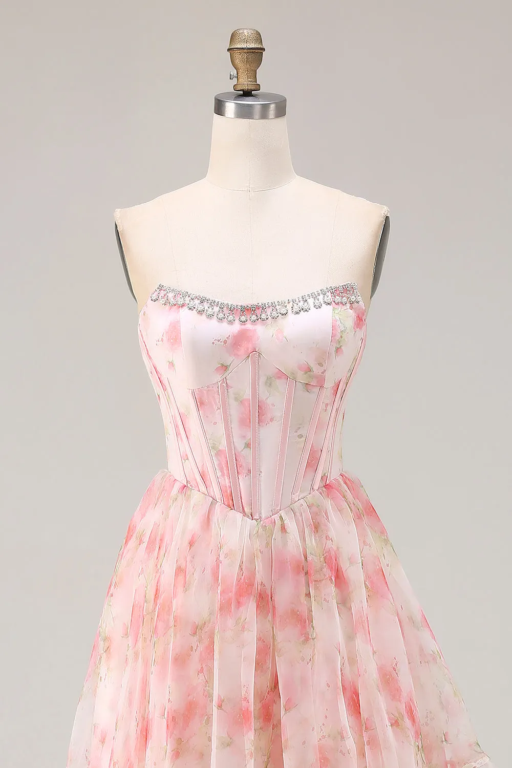 Pink A-Line Strapless Corset Print Floral Beaded Long Prom Dress with Ruffles sold by Wedtrend product image thumbnail 4