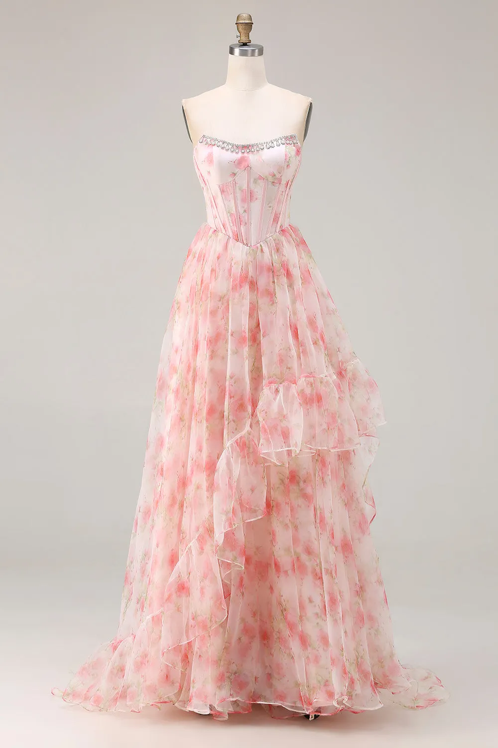 Pink A-Line Strapless Corset Print Floral Beaded Long Prom Dress with Ruffles sold by Wedtrend