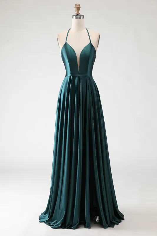 Dark Green A-Line Halter Lace Up Back Long Prom Dress with Slit made by Wedtrend
