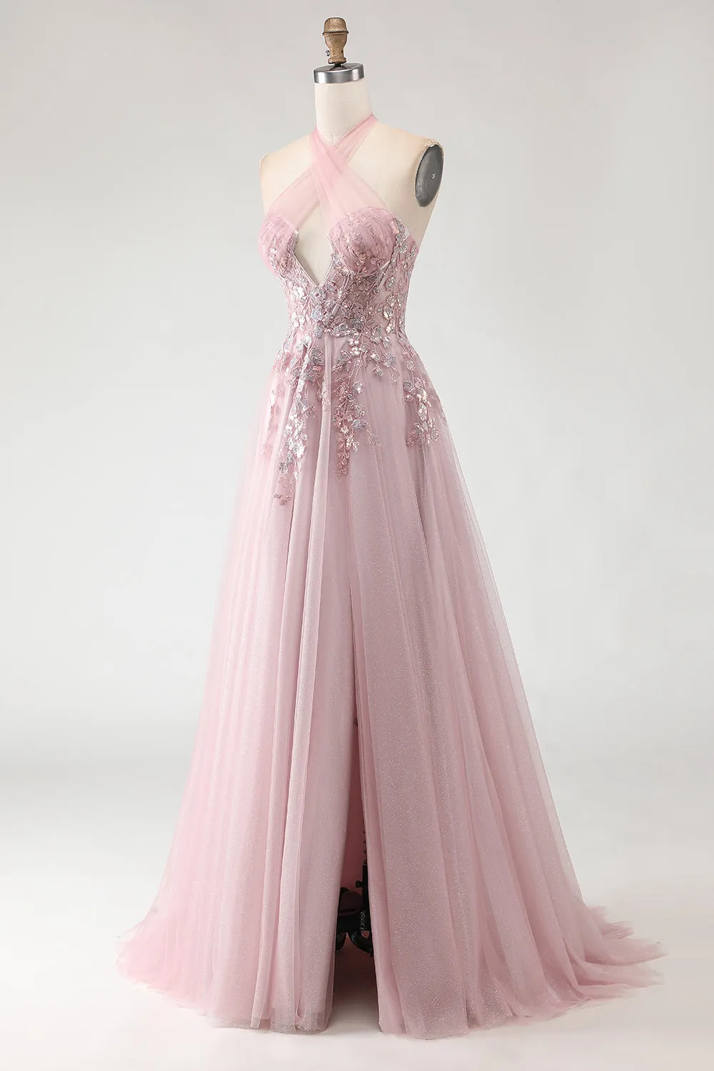 Glitter Blush Pink Halter A-Line Sequins Cut Out Corset Long Prom Dress with Slit sold by Wedtrend product image thumbnail 3