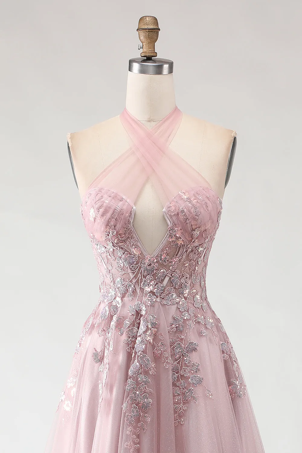 Glitter Blush Pink Halter A-Line Sequins Cut Out Corset Long Prom Dress with Slit sold by Wedtrend product image thumbnail 4