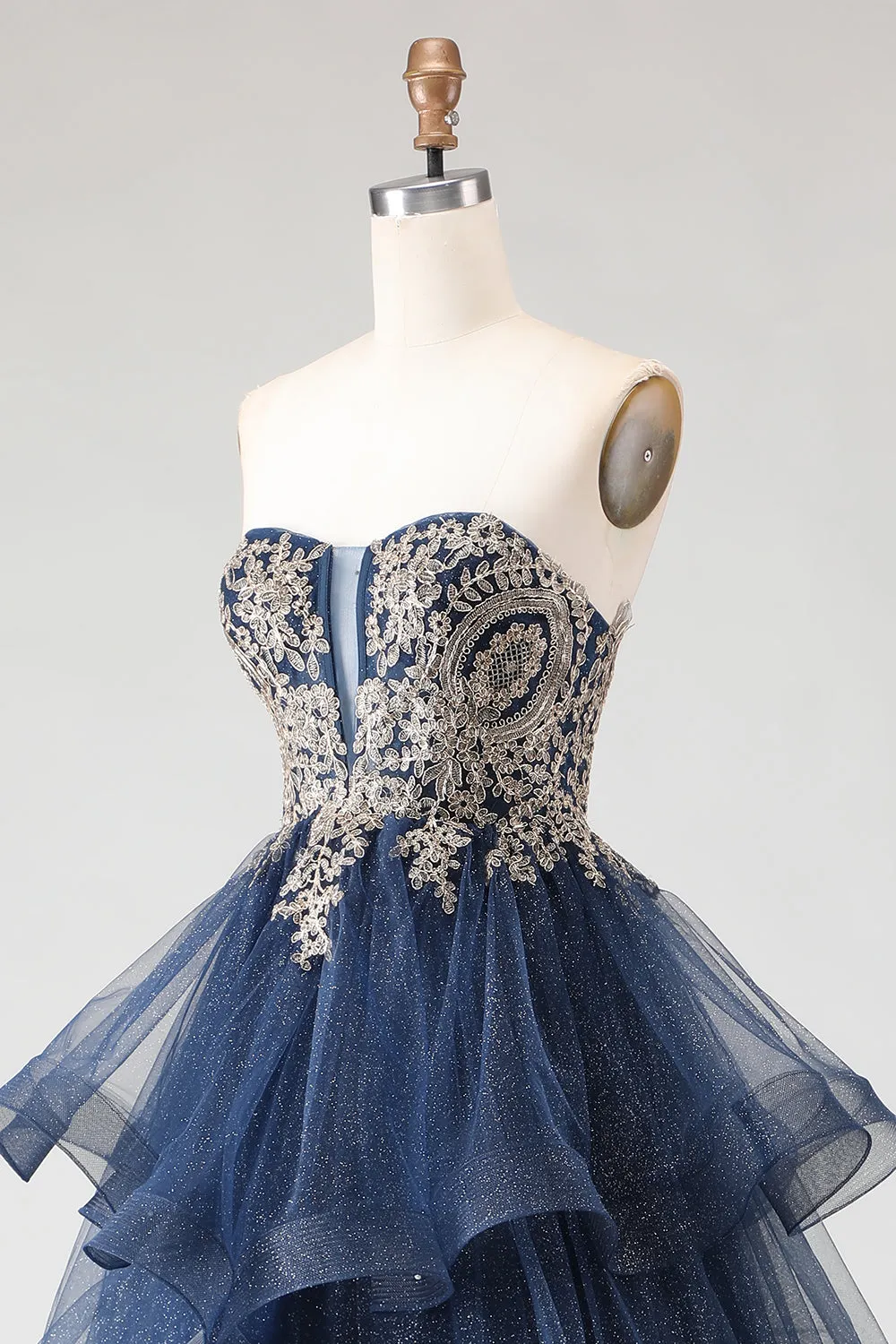 Glitter Navy Strapless Princess Spiral Ruffles Long Prom Dress with Lace Up Back sold by Wedtrend product image thumbnail 5