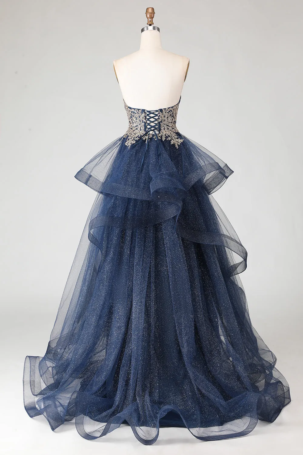 Glitter Navy Strapless Princess Spiral Ruffles Long Prom Dress with Lace Up Back sold by Wedtrend product image thumbnail 3
