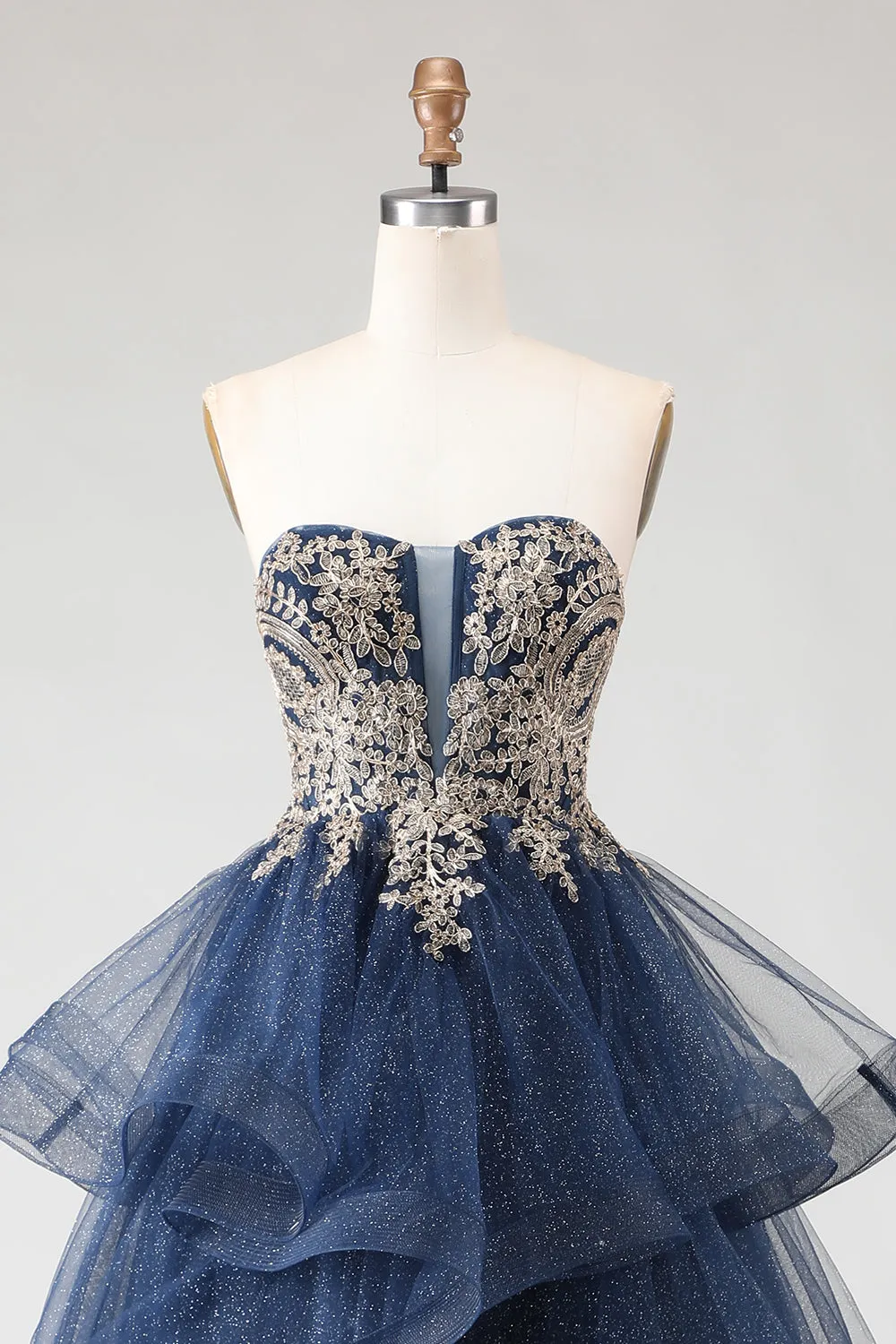 Glitter Navy Strapless Princess Spiral Ruffles Long Prom Dress with Lace Up Back sold by Wedtrend product image thumbnail 4
