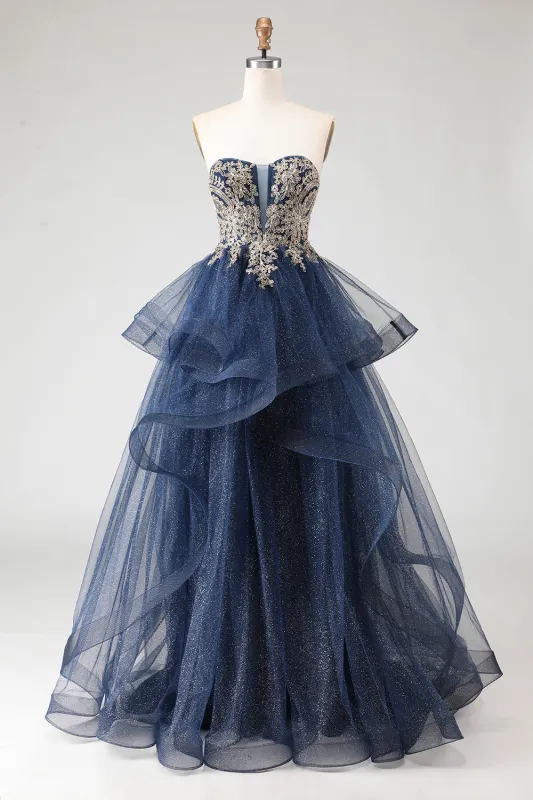 Glitter Navy Strapless Princess Spiral Ruffles Long Prom Dress with Lace Up Back made by Wedtrend