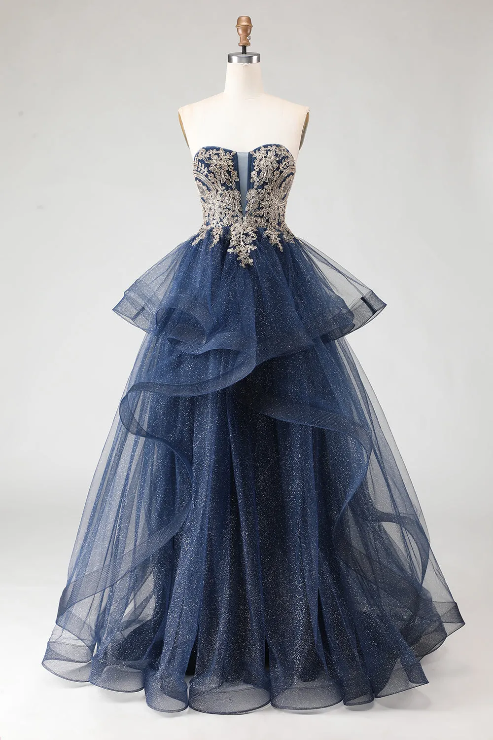 Glitter Navy Strapless Princess Spiral Ruffles Long Prom Dress with Lace Up Back sold by Wedtrend
