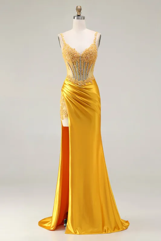 Yellow Mermaid Corset Sequins Rhinestones Ruched Satin Long Prom Dress with Slit made by Wedtrend