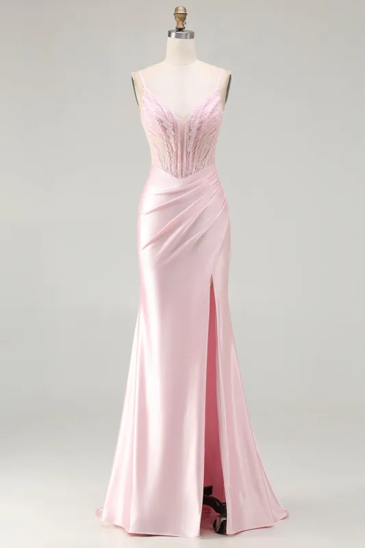 Pink Mermaid Corset Beaded Spaghetti Straps Long Prom Dress with Slit made by Wedtrend