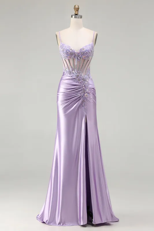 Sparkly Light Purple Mermaid Sequins Corset Ruched Long Prom Dress with Slit made by Wedtrend