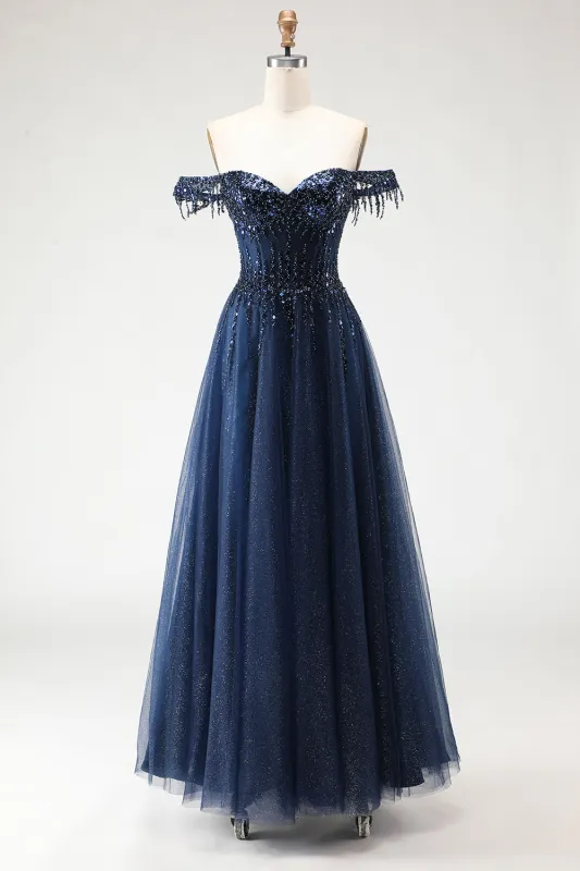 Glitter Navy Off The Shoulder Beaded A-Line Corset Long Prom Dress sold by Wedtrend