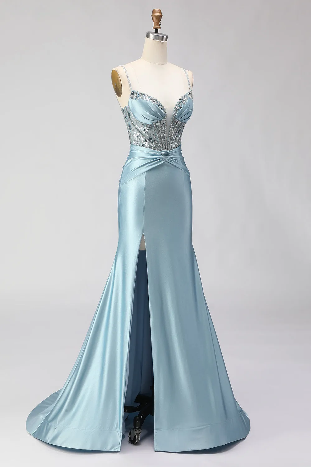 Dusty Blue Mermaid Sequins Beaded Lace Up Back Long Prom Dress with Slit sold by Wedtrend product image thumbnail 5