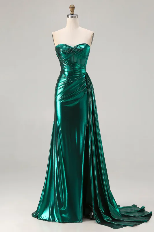 Metallic Dark Green Strapless Mermaid Corset Lace Up Back Long Prom Dress with Side Streamer made by Wedtrend
