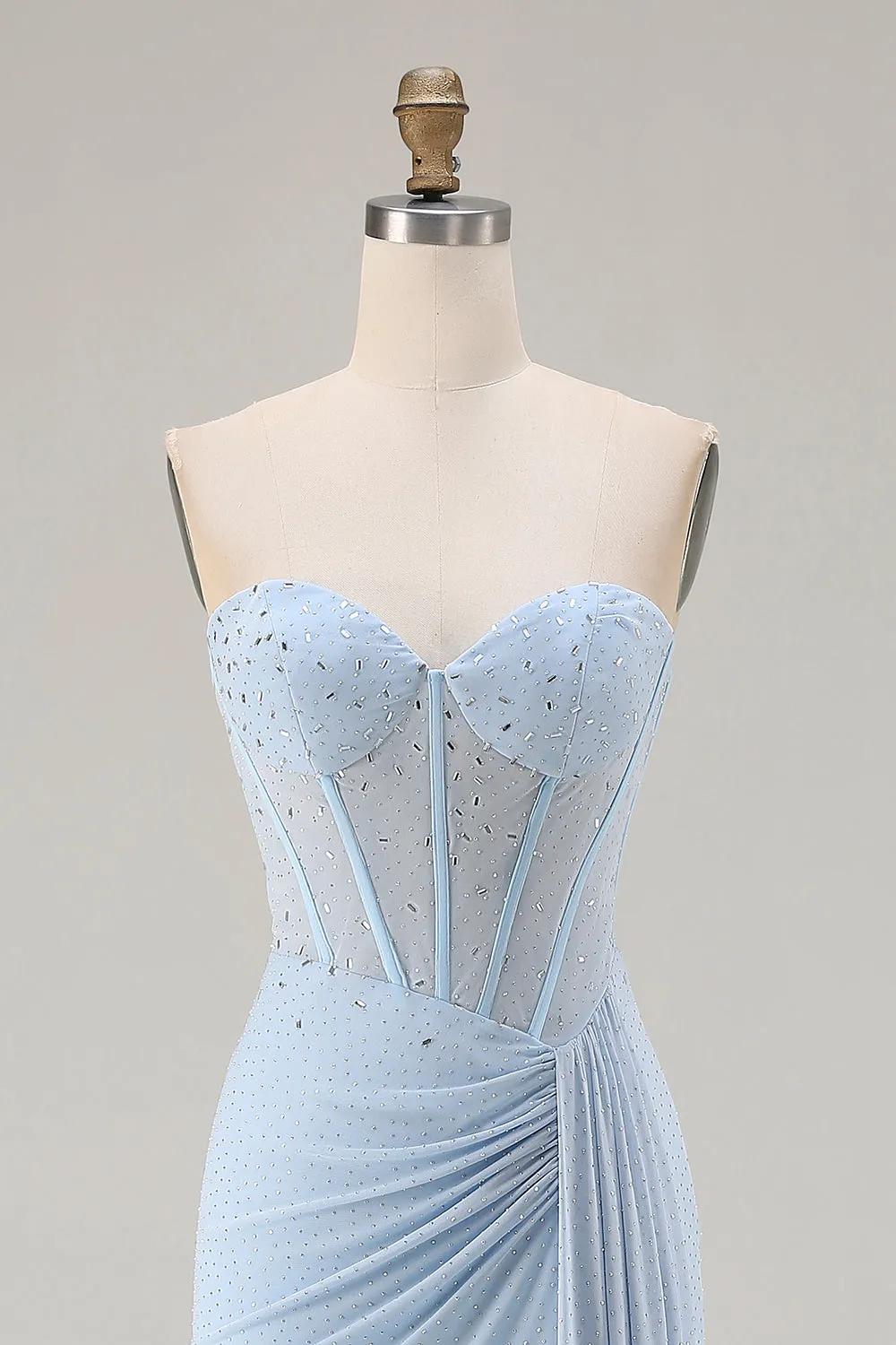 Sweetheart Mermaid Sky Blue Beaded Lace Up Back Corset Long Prom Dress with Slit sold by Wedtrend product image thumbnail 4