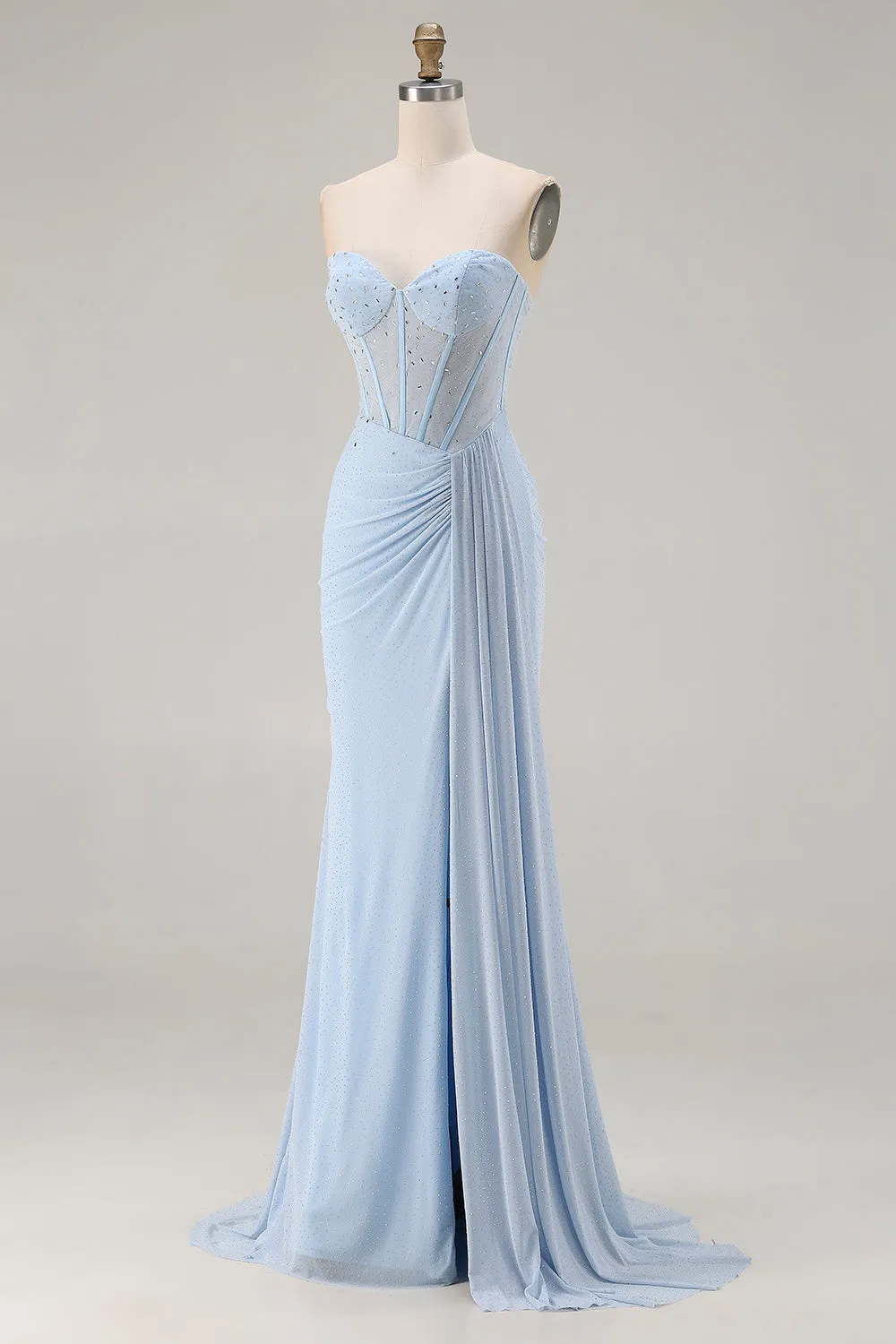 Sweetheart Mermaid Sky Blue Beaded Lace Up Back Corset Long Prom Dress with Slit sold by Wedtrend product image thumbnail 3