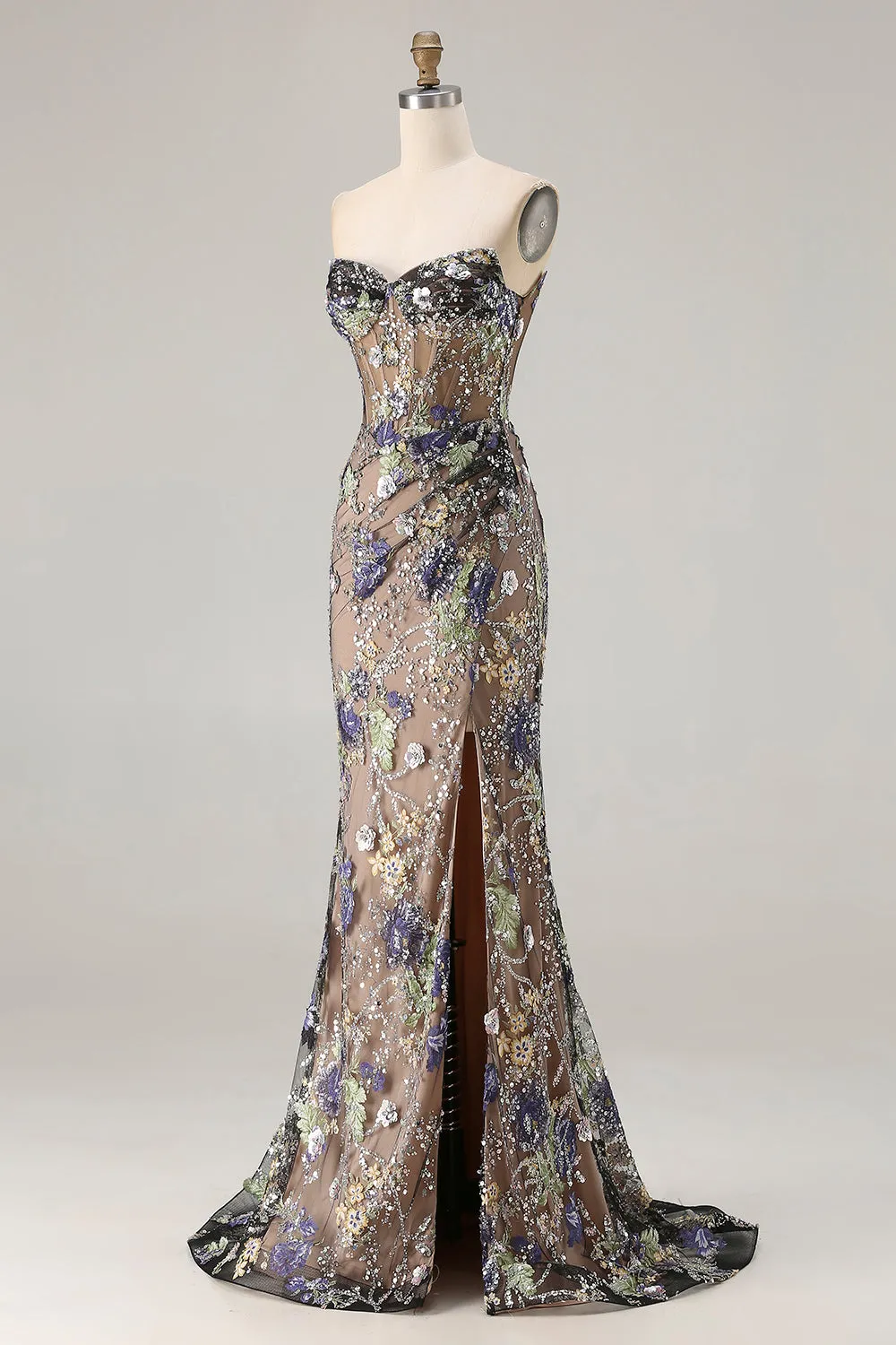 Mermaid Strapless Sequins Corset Lace Up Back Black Long Prom Dress with Slit sold by Wedtrend product image thumbnail 3