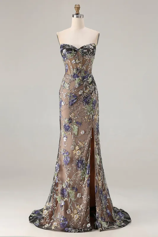 Mermaid Strapless Sequins Corset Lace Up Back Black Long Prom Dress with Slit made by Wedtrend