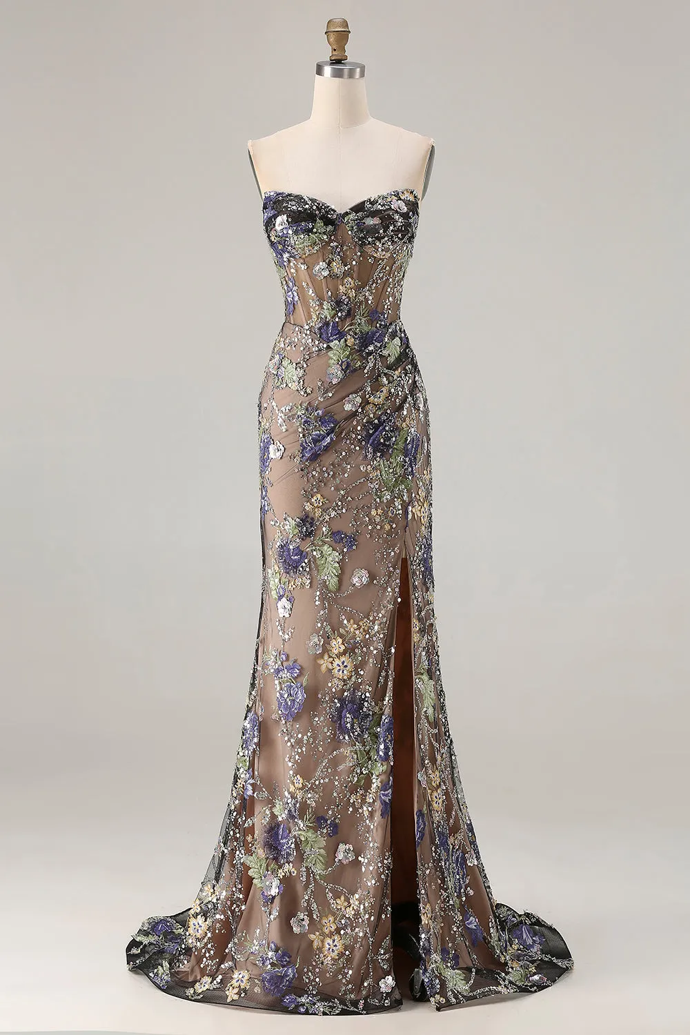 Mermaid Strapless Sequins Corset Lace Up Back Black Long Prom Dress with Slit sold by Wedtrend