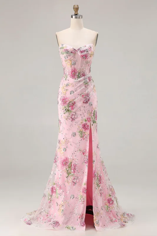 Pink Mermaid Strapless Corset Sequins Lace Up Back Long Prom Dress with Slit sold by Wedtrend