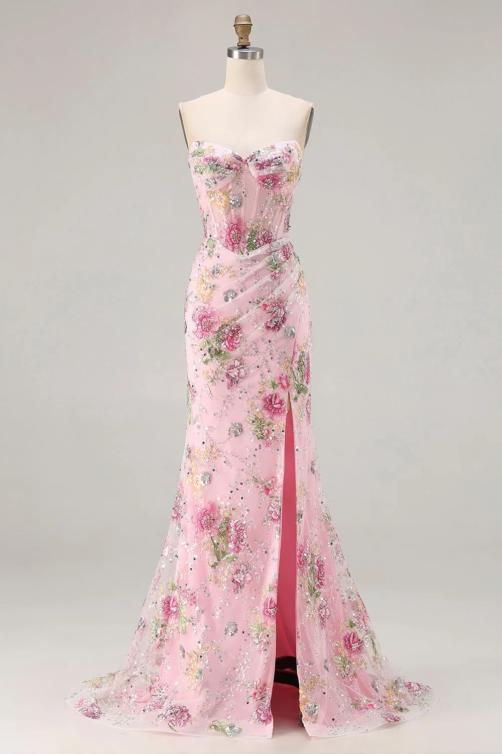 Pink Mermaid Strapless Corset Sequins Lace Up Back Long Prom Dress with Slit sold by Wedtrend