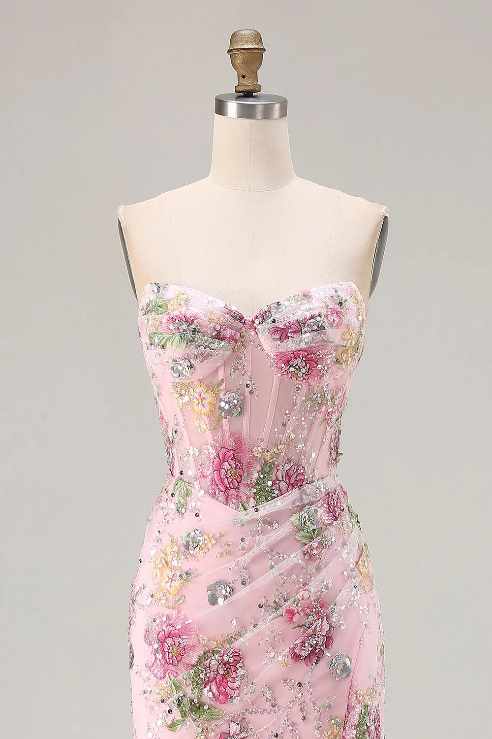 Pink Mermaid Strapless Corset Sequins Lace Up Back Long Prom Dress with Slit sold by Wedtrend product image thumbnail 4