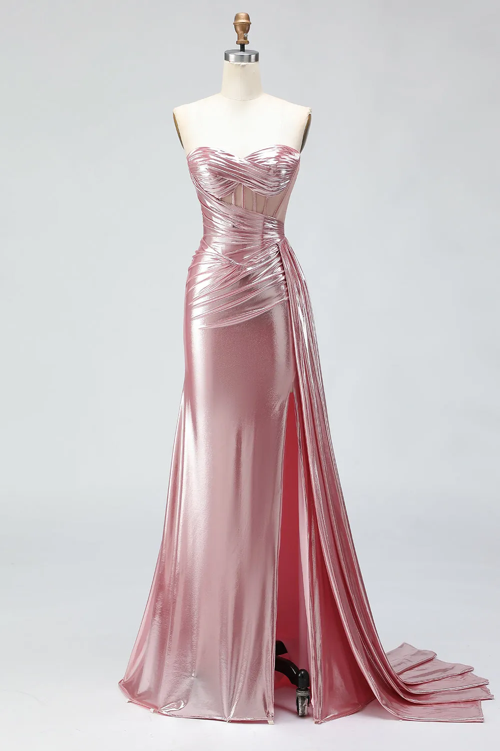 Metallic Pink Mermaid Strapless Corset Lace Up Back Long Prom Dress with Slit sold by Wedtrend