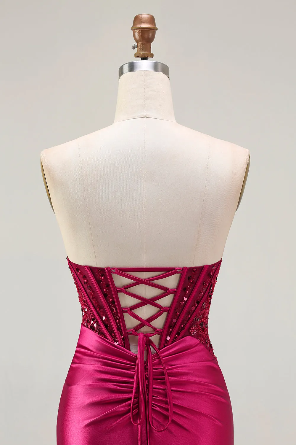 Burgundy Strapless Corset Mermaid Beaded Lace Up Back Long Prom Dress with Slit sold by Wedtrend product image thumbnail 5