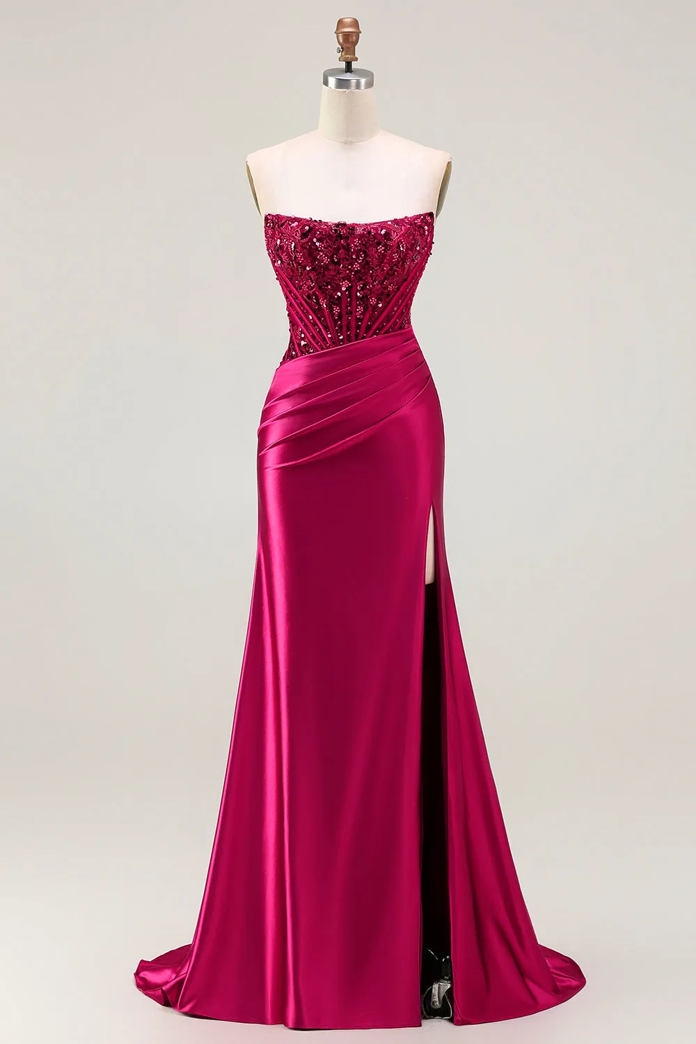 Burgundy Strapless Corset Mermaid Beaded Lace Up Back Long Prom Dress with Slit sold by Wedtrend