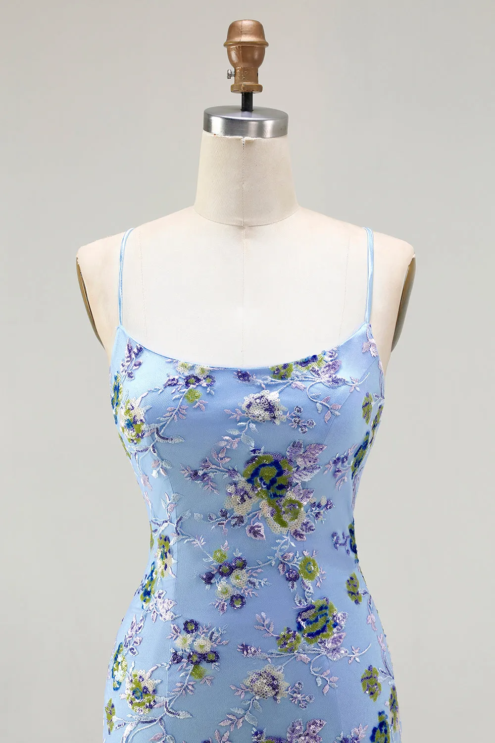 Sparkly Blue Mermaid Sequins Floral Lace Up Back Long Prom Dress with Slit sold by Wedtrend product image thumbnail 4