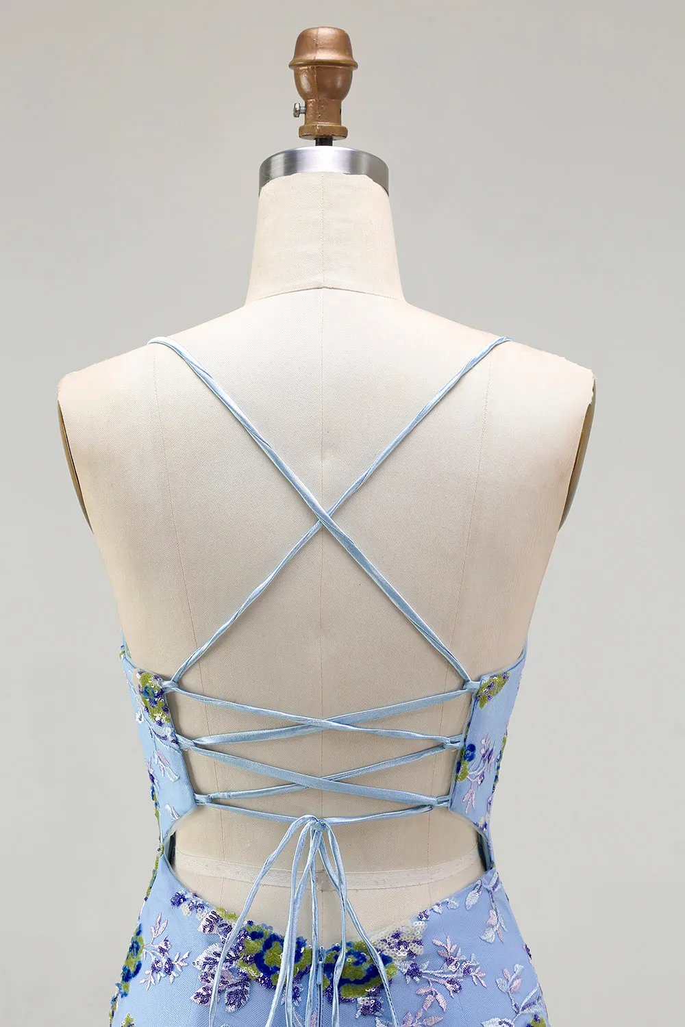 Sparkly Blue Mermaid Sequins Floral Lace Up Back Long Prom Dress with Slit sold by Wedtrend product image thumbnail 5