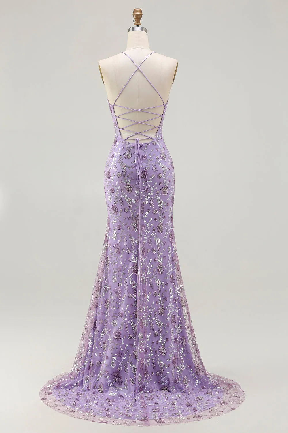 Purple Mermaid Beaded Lace Up Back Sequins Long Prom Dress with Slit sold by Wedtrend product image thumbnail 2