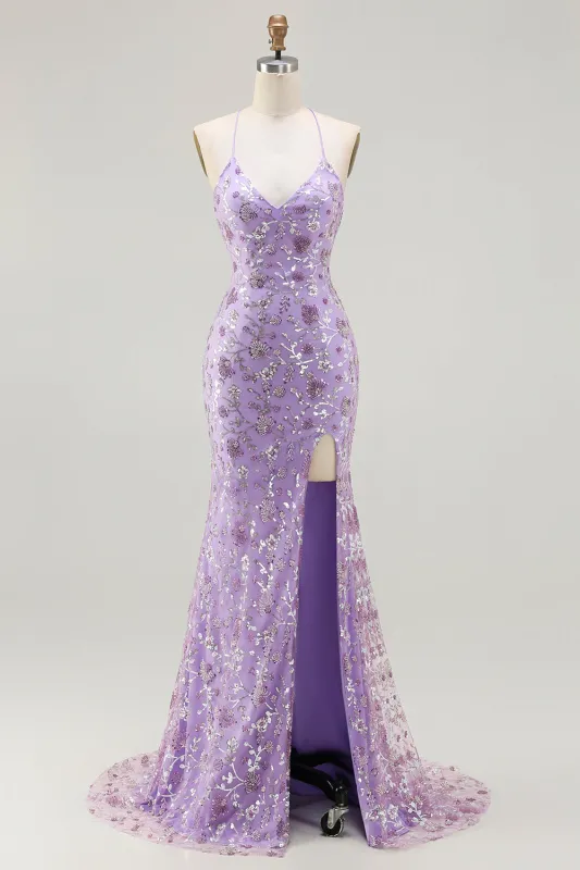 Purple Mermaid Beaded Lace Up Back Sequins Long Prom Dress with Slit made by Wedtrend