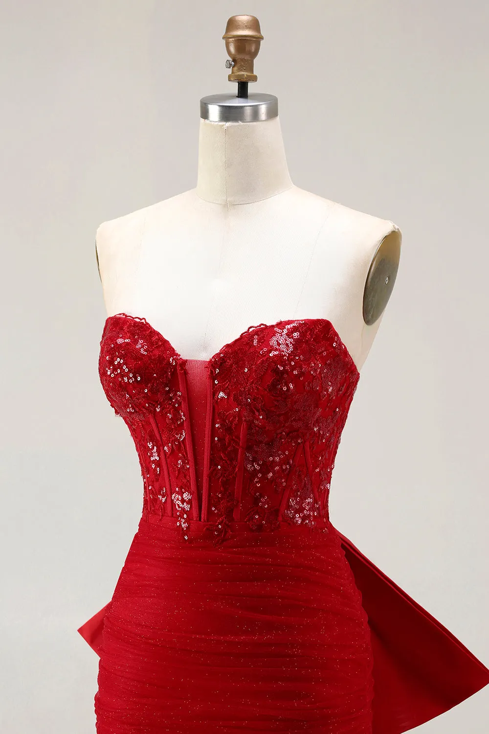 Glitter Red Sweetheart Mermaid Corset Sequins Ruched Long Prom Dress with Large Bow sold by Wedtrend product image thumbnail 5