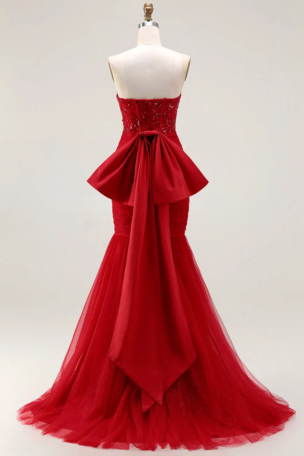 Glitter Red Sweetheart Mermaid Corset Sequins Ruched Long Prom Dress with Large Bow sold by Wedtrend product image thumbnail 2