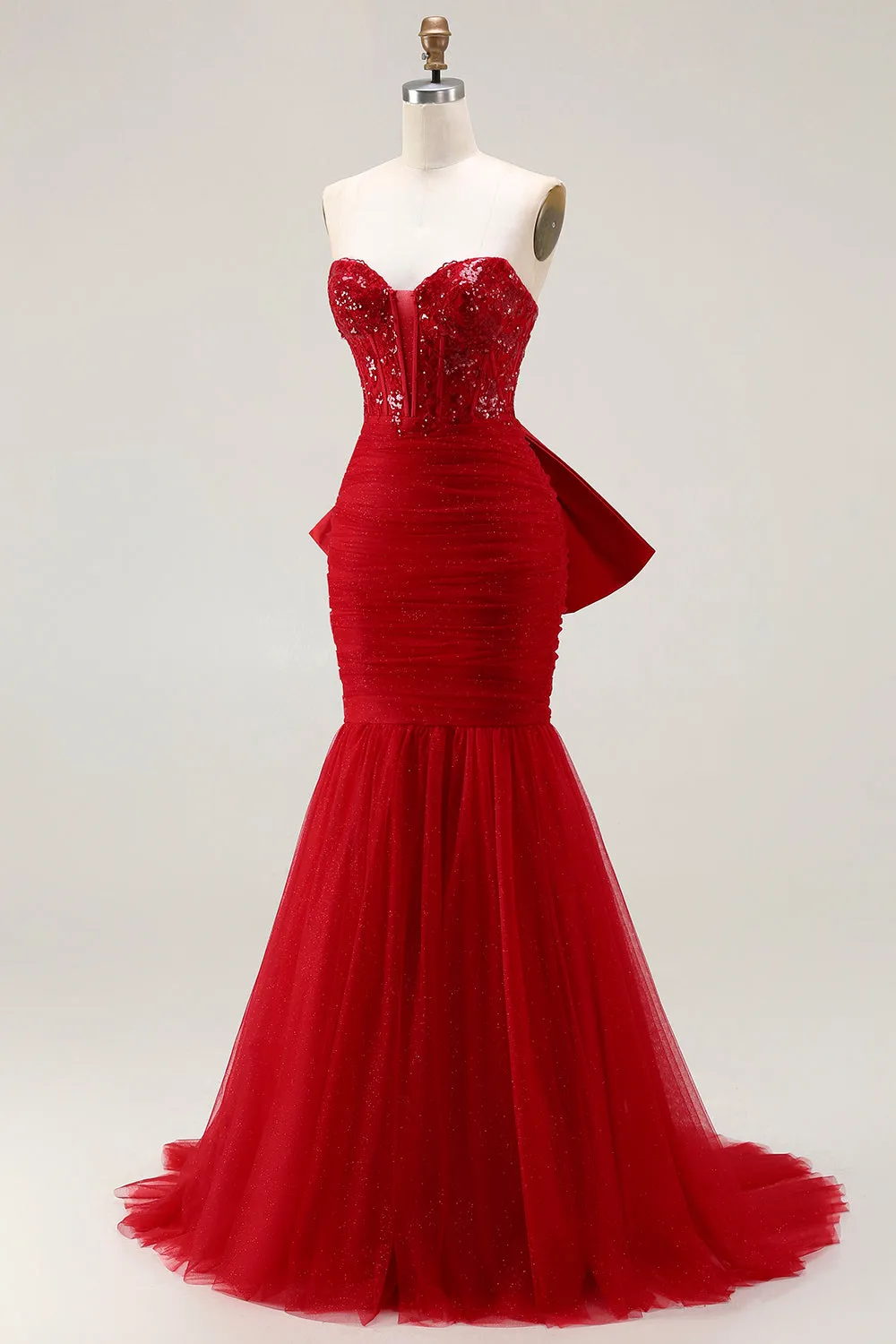 Glitter Red Sweetheart Mermaid Corset Sequins Ruched Long Prom Dress with Large Bow sold by Wedtrend product image thumbnail 3
