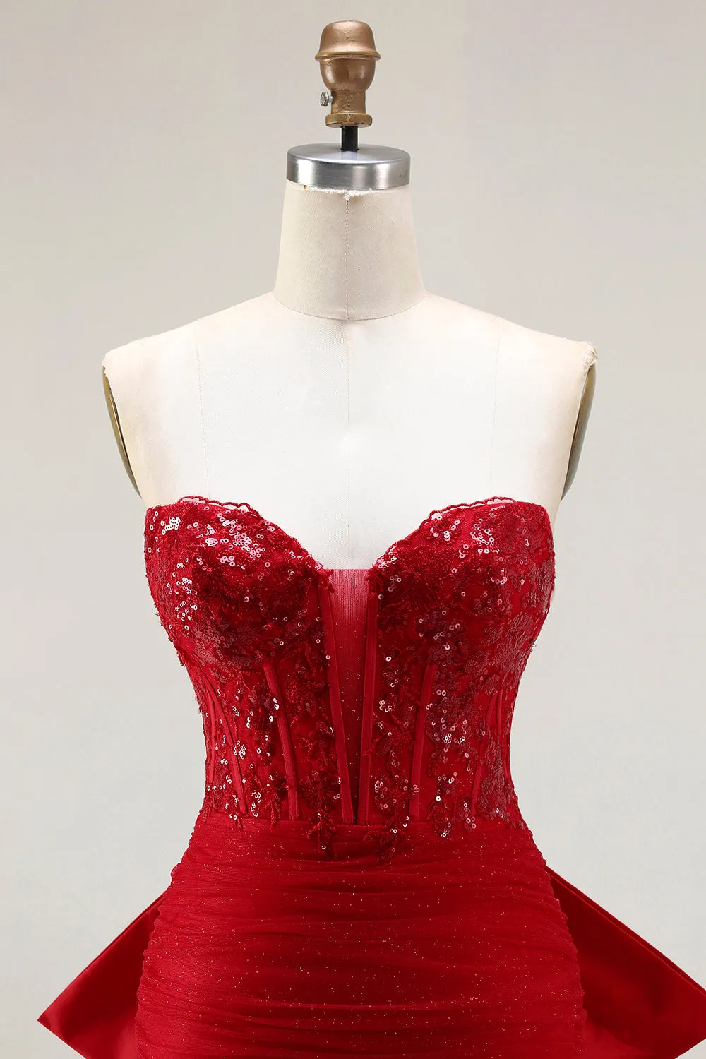 Glitter Red Sweetheart Mermaid Corset Sequins Ruched Long Prom Dress with Large Bow sold by Wedtrend product image thumbnail 4
